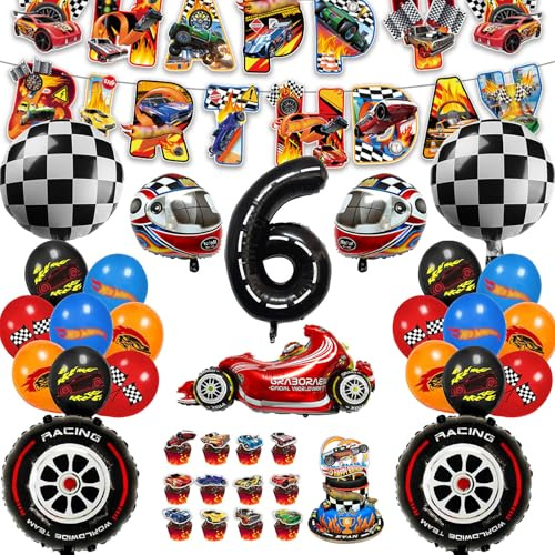 54 Pezzi Kit Compleanno Hot Whels 6 Anni Ragazzi, Kit Palloncini Compleanno Hot Whels, Palloncini Decorazioni per Festa di compleanno Bambini
