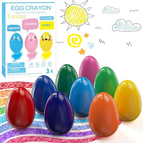 Tencoz 9 Colors Easter Egg Crayons for Kids, Easy Grip Palm-Grasp Washable Drawing Tools, Easter Basket Stuffers for Kids 3+, Drop-Resistant First Art Supplies, Birthday Gifts for Boys Girls