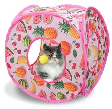 Andiker Pop Up Cat Tent, Colorful Foldable Cat Cube with Plush Ball, 3 Openings Interactive Tunnel for Indoor Kittens Puppies Rabbits Self-Play, Hide-and-Seek and Relieve Boredom (Pink, Small)