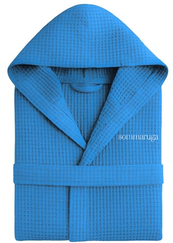 Peignoir Nid d'Abeille Femme et Peignoir Nid d'Abeille Homme en Coton avec Capuche Poches et Ceinture, Léger et pour Voyage S-XXXL, XXL