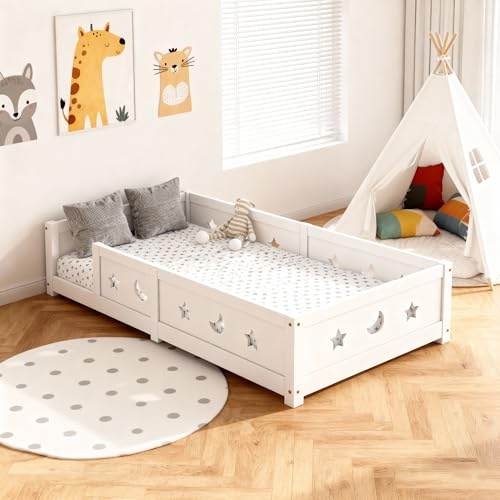 Golvsäng 90 x 200 cm, Montessori, barnsäng med fallskydd, ribbotten, stjärn- och månmönsterdesign, småbarn säng, barnsängar för pojkar, flickor av furu, massivt trä, vit (vit-XL201, 90 x 200)