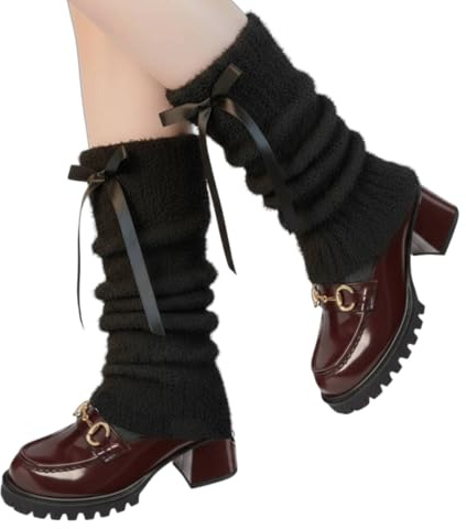 FUFUFARYA Fuzzy Leg Warmers for Women Girls Cute Bow Y2K Leg Sleeve Socks for Boots Winter Black Soft Fluffy Ankle Wamers