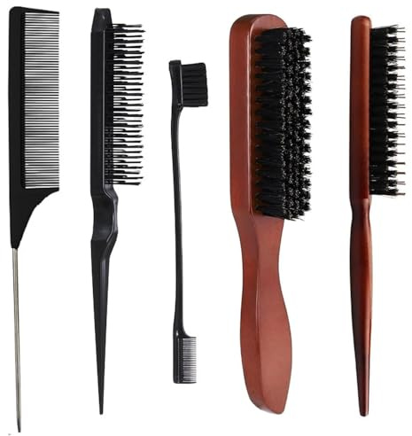 5 Pcs Boar Hair Bristles Brush Set, Pulled Tail Brush Rat Tail Comb, Hair Brush with Natural Boar Bristles, Smoothing Hair Brush Beard Brush, Professional Brush with Wooden Handle