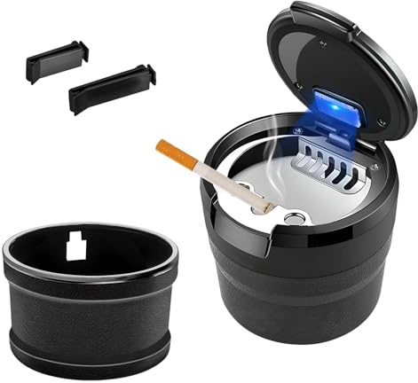 Rdxcv Car Ashtray with Lid, Detachable Vehicle Ash Tray Smell Proof Cup Holder Trash Can with LED Light, Easy Clean Up Smokeless Mini Cigarette Ashtray Cup for Car Home Office (Black)