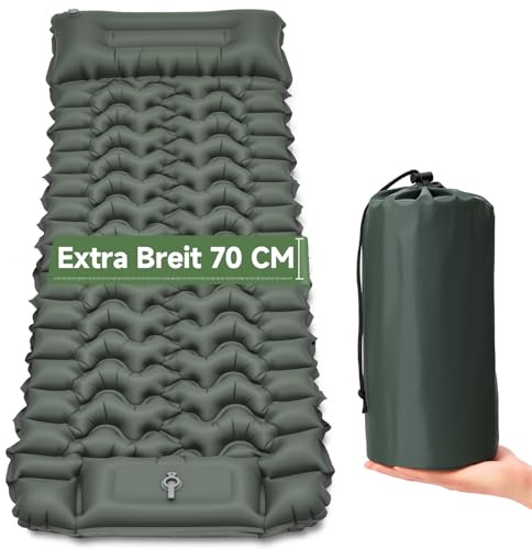 Colchoneta Hinchable de Camping Ultraligera y Extraancha (Tamaño XL), Colchoneta Aislante con Cojín Integrado y Bomba de Pie, 196x74x9 cm, TPU 40D, Portátil para Exteriores y Viajes (Verde Militar)