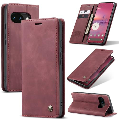 Samokor Coque pour Google Pixel 10A 5G Étui Rabat Cuir Housse | Etui Flip Case Antichoc,Magnétique,Fentes Cartes,Pochette Portefeuille Support Protection pour Google Pixel 10A,Vin Rouge