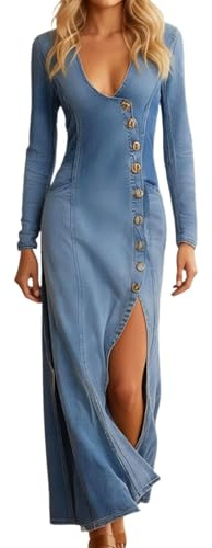 Robe maxi en jean pour femme - Manches longues - Col en V profond - Avec bouton Down Kieid - Sexy - Coupe ajustée - Couleur unie - Robe western printemps été - Robe fourreau élégante - Robe pull