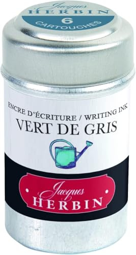 Jacques Herbin 20107T - Une boite de 6 cartouches d'encre pour stylo-plumes et stylos roller (produit sans emballage - objectif zéro déchet), Vert de gris