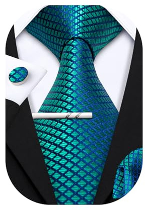 Barry.Wang Corbatas clásicas para hombre Set Plaid Pocket Square Cufflink Teal Blue
