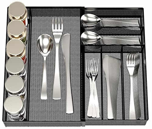 JANE EYRE Utensil Drawer Organizer - Expandable Cutlery Tray, Silverware/Flatware Storage Divider for Kitchen, Mesh Designing with Non-slip Rubber Feet (black)