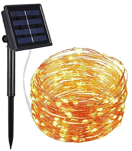 Momola 2M 20Led 8 Modes Guirlande Lumineuse Solaire en Fil de Cuivre pour l'Extérieur avec Panneau Solaire Décor de Fête Féerique Jaune