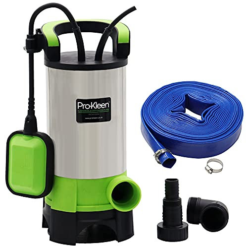 Pro-Kleen Submersible Water Pump 1100W Electric, 18000L/H, Heavy Duty 10m Layflat Hose for Clean or Dirty Water, Float Switch, 10M Power Lead, Floods, Pools, Gardens, Ponds, Hot Tubs