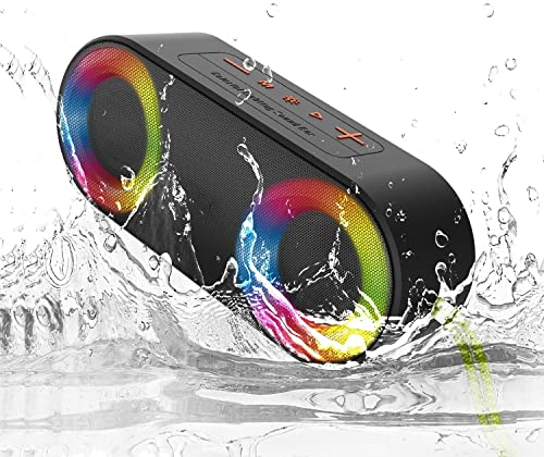 TOMPROAD Portable Waterproof Bluetooth Speakers with LED Lights Wireless Stereo Sound Rich Bass Shower Speakers Outdoor Speaker Support FM Radio RGB Lights for Home, Travel, Camping
