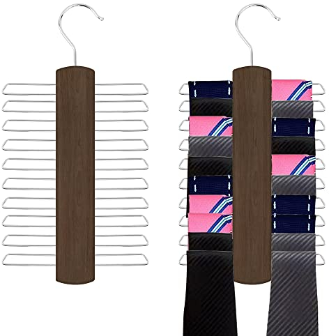 2 Stück Krawattemhalter, Gürtelhalter, Holz Kleiderbügel Krawattemhalter, mit 20 Metallregale und 360 Grad Drehbarer Kleiderhaken, für Gürtel, Schal, Krawatte Aufbewahrung (Walnuss Farbe)