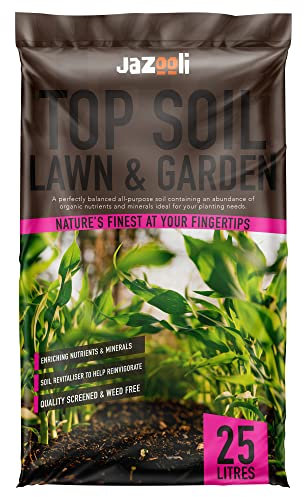 Jazooli 25L Top Soil - Organic Garden Soil Improver, Outdoor & Indoor Plant Growing Soil, All Purpose Garden & Lawn Compost, Nutrient-Rich, Packed with Minerals, Improve Drainage
