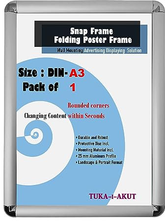 TUKA-i-AKUT A3 Cornice a Scatto in Alluminio Profilo 25 mm, Pieghevoli Cornice a Clip per Poster Foto Display Pubblicitari, con Angoli Arrotondati, Color Argento TKD8421-A3