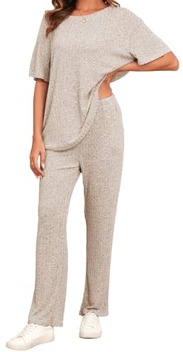 Famulily Ribbed Clothes Sets for Women Oversized Short Sleeve Tops and Wide Leg Trousers with Pockets, 2 Piece Outfits Tracksuits Loungewear Sleepwear