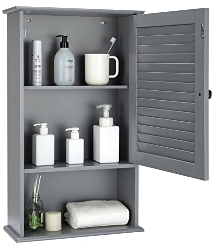 LIFEZEAL Armario de baño de Pared con 3 estantes (Gris) | Mueble colgante de una puerta de madera, 42 x 17 x 70 cm, con estante ajustable para cuarto de baño
