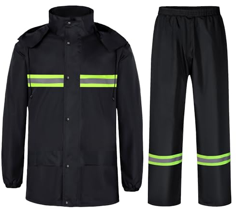 Oralidera Traje de Lluvia para Hombres 2 Piezas Chaqueta con Capucha y pantalón de Lluvia Traje Impermeable de Trabajo Reflectante Traje de Agua Completo para Deportes al Aire Libre, Negro, M