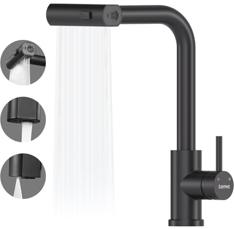DAYONE Robinet cascade de cuisine extensible - Noir mat - Haute pression - Avec douchette - Pivotant à 360° - Mitigeur de cuisine avec 3 types de jet - En acier inoxydable SUS304