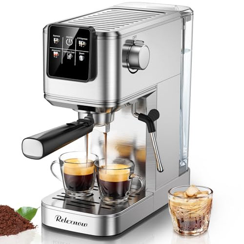 RELEXNOW Espresso Machine, 20 Bar Espresso Maker Milk Frother & LCD Panel, Hot & Iced Coffee Machine, Stainless Steel Espresso Coffee Machine with 41oz Water Tank for Cappuccino, Latte