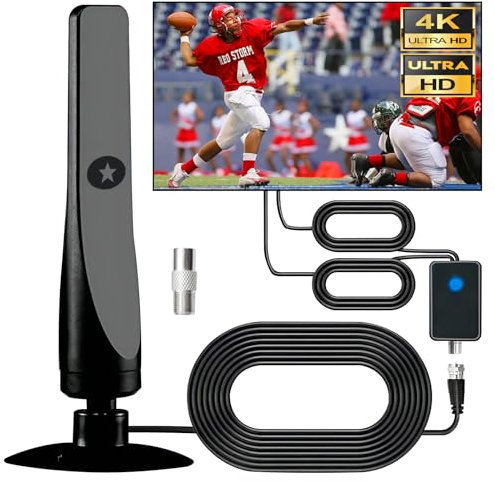 DVB-T/DVB-T2 Innen Antenne, Digital TV Antenne Indoor - 4K HD Antenna mit Signalverstärker, 50km Reichweite, Plug & Play für Smart TV (schwarz)