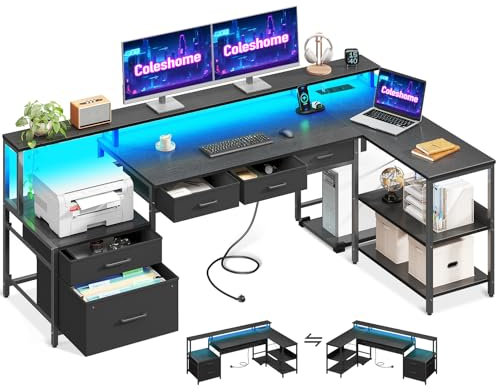 Coleshome Escritorio con Cajones, 175x100cm Mesa Gaming con 2 Puertos de Carga USB y 2 Enchufes, Escritorio Esquinero Reversible con LED y Soporte para Monitor para Oficina en Casa, Negro