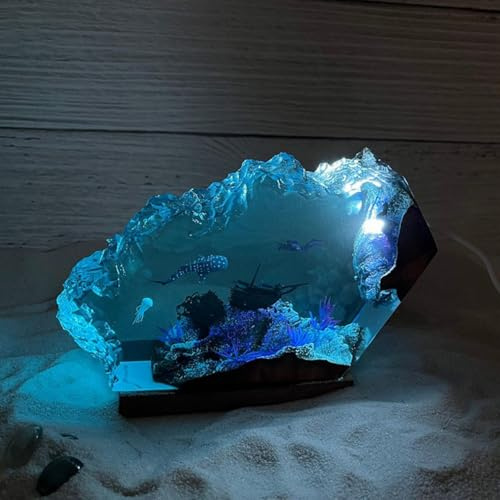 Drawelry Ocean Epoxy Resin Wood Lamp, Handmade Wave Shape LED Night Light, Deep Sea Diver Cave Diving Decor Multicolor Aquatic Lamp, Birthday Gift forMen Dad Family Friends (Whaleshark)