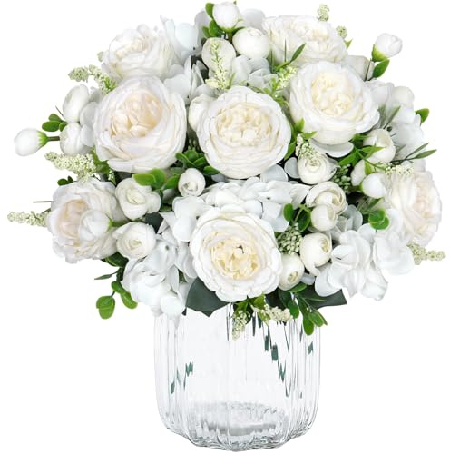 SOMYTING 4 Bunches Artificial Flowers, Artificial Peonies (White) | Silk Peonies Flowers Fake Peonies Artificial Hydrangeas Flowers for Centerpiece Table Wedding Party Home Decor