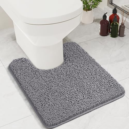 LOCHAS U-Shaped Toilet Rug, 20 x 20 Chenille Toilet Mats Washable Non Slip, Luxury Contour Bath Rugs for Toilet Soft Absorbent, Grey