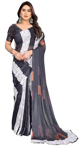 ETHNICMODE Indian Saree For Women Printed Georgette Light Weight Jari Party Wear Black Sari With Unstitched Black Blouse Piece-1171