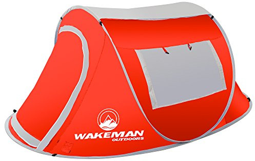 Pop-up Tent 2 Person, Water Resistant Barrel Style Tent for Camping with Rain Fly and Carry Bag, Sunchaser 2-Person Tent by Wakeman Outdoors (Red)