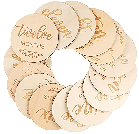 Toyvian 14 Stück Hölzerne Baby Monatliche Meilensteinkarten, Baby Meilenstein Scheiben für Foto Requisiten Babyparty