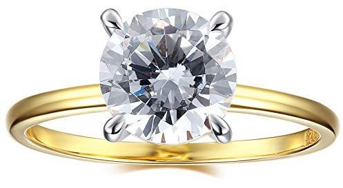 18K Gold Plated Sterling Silver 2 Carat Cubic Zirconia Solitaire Engagement Ring | Women's Thin Band CZ Promise Ring (Round Cut, 4)