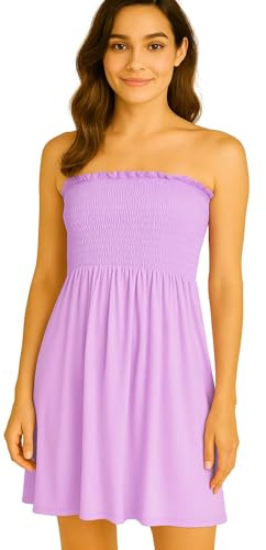 STAR FASHION Women’s Strapless Sheering Ruched Bandeau Dress Plain Boob Tube Sleeveless Midi Dress Summer Holiday Beach Flared Dress Soft Stretch Lilac 16-18