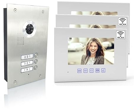 MATHFEL 2-Draht Bus IP Video Türsprechanlage 3 Familienhaus Set, 7'' Monitor mit oder ohne WLAN, Außenstation in Edelstahl, Monitore Weiß, Größe: 2x7'' Monitor mit WLAN + 1x7'' Monitor ohne