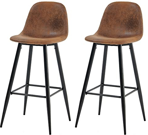 MEUBLE COSY Juego de 2 Taburete de Bar con Respaldo y Reposapiés Tapizados de Gamuza Vintage Industrial Asiento de 76 cm de Altura para Cocina, Bar, Comedor, Marrón