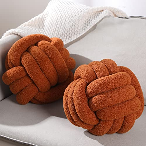 Namalu 2 Pcs Knot Pillows Ball Round Decorative Pillows Aesthetic Knotted Throw Plush Pillows Cushion for Home Room Sofa Bed Floor (Caramel, 11 Inch)