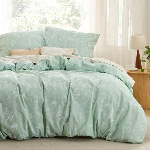 BEDSURE Parure de lit 200x200 cm en coton vert - Sets de linge de lit 200 x 200 cm - Housse de couette 3 pièces avec 2 taies d'oreiller 80x80 cm, linge de lit réversible OEKO-TEX avec motif de plantes
