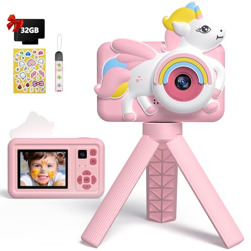 Beedove Appareil Photo Enfant, 2.0 Pouces/20MP/1080P Appareils Photos Numériques avec Trépied et 32G SD Carte, Jouet Cadeau Fille Garçon 3-8 Ans de Noël/Anniversaire
