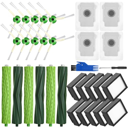 Pièces de Rechange pour iRobot Roomba i/e/j Série, i7 i7+ j7 j7+i3 i3+ i4 i4+ i6 i6+ i8 i8+ E5 E6, Brosse Accessoires 3 Sätze Brosses en Caoutchouc,10 Filtre,10 Brosses Latérale,4 Sac à Poussière