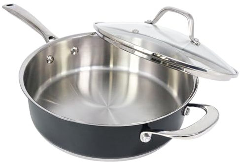 HOMICHEF 24 CM Navy Gray Nickel Free Stainless Steel Saute Pan Induction Oven Safe - Premium Matte Polished Non Toxic 2.37 L Deep Fry Pan with Glass Lid