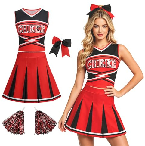 HAPNBCELE Womens Cheerleader Costume, Sleeveless Cheer Uniform with Pom Poms Cheerleading Outfit Halloween Sports Events (Red, L)