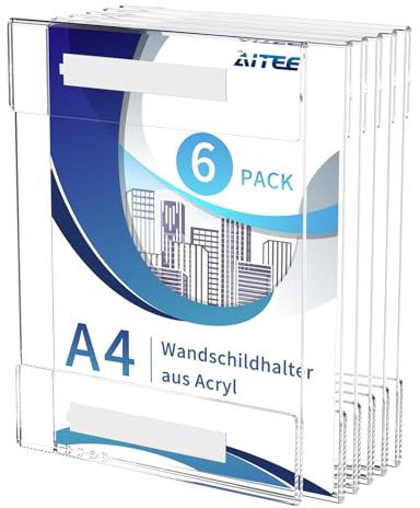 AITEE Lot de 6 supports muraux A4 en acrylique transparent avec bandes adhésives 3M, sans perçage, autocollant pour fixation murale pour bureau, maison, magasin, restaurant