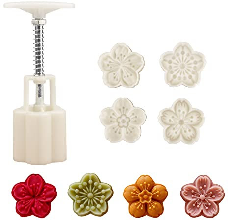 Chinesische Set aus Formen für Mondkuchen， Mondkuchenform mit 4 Ausstechformen mit einstellbarer，DIY Mond Kuchen Pressformen (T)