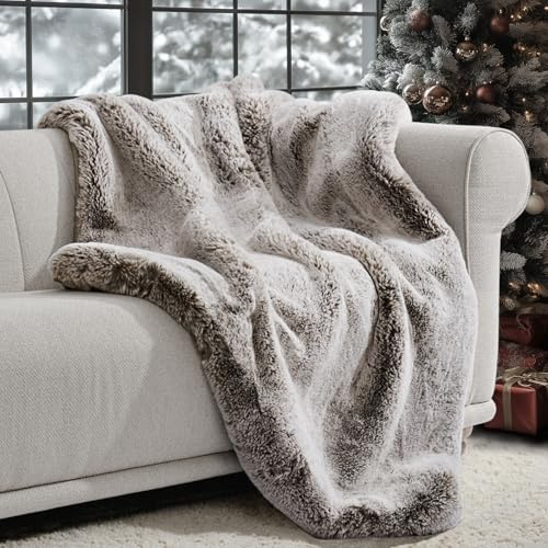 EVERGRACEHOME Luxury Soft Faux Chinchilla Fur Throw Blanket for Couch, Warm Thick Heavy Winter Throw Blanket 1220GSM for Bed, Fluffy Cozy Mink Blanket with Reversible Velvet, Champagne Fawn, 60x80