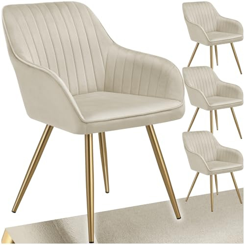 tectake® Set med 4 karmstolar i mjuk vadderad sammetslook, eleganta kökstolar med bekvämt ryggstöd & armstöd, stålben med halkfria plastkåpor och tidlös design, perfekt för matsalen - Creme/Guld
