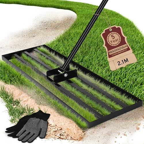 COZCLAM Rastrillo de nivelación de césped, herramienta de nivelación de césped resistente de 90 x 30 cm, mango ajustable de 210 cm, esparcidor de tierra y arena, rastrillo para el cuidado del césped