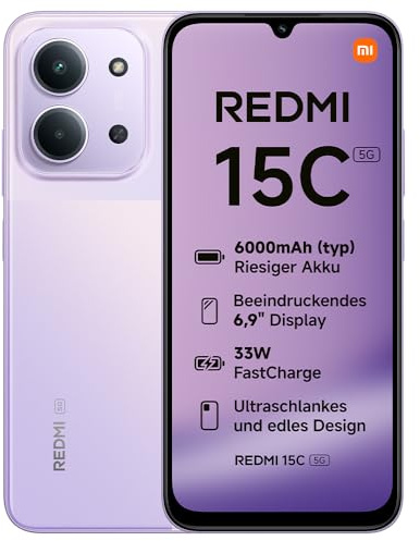 Xiaomi REDMI 15C 5G, Smartphone 4+256GB, 6,9 120Hz Display, MediaTek Dimensity 6300 Prozessor 6nm Octa-Core, 50MP KI-Dualkamera, 6000mAh, Dämmerungslila