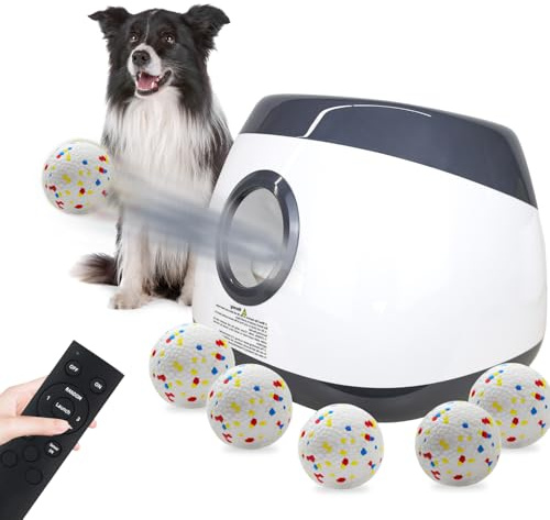SOCO Automatic Ball Launcher for Dogs Large- 3 Distance Settings (40/60/80FT) w/Remote Control | 2.5 ETPU Tennis Balls | Indoor/Outdoor Dog Toy | 6 Balls & Quick Charge Included